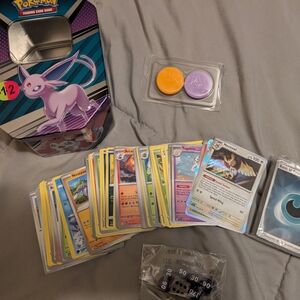 TCG Pokemon Tin Deck 65 cards dice Coins Lot